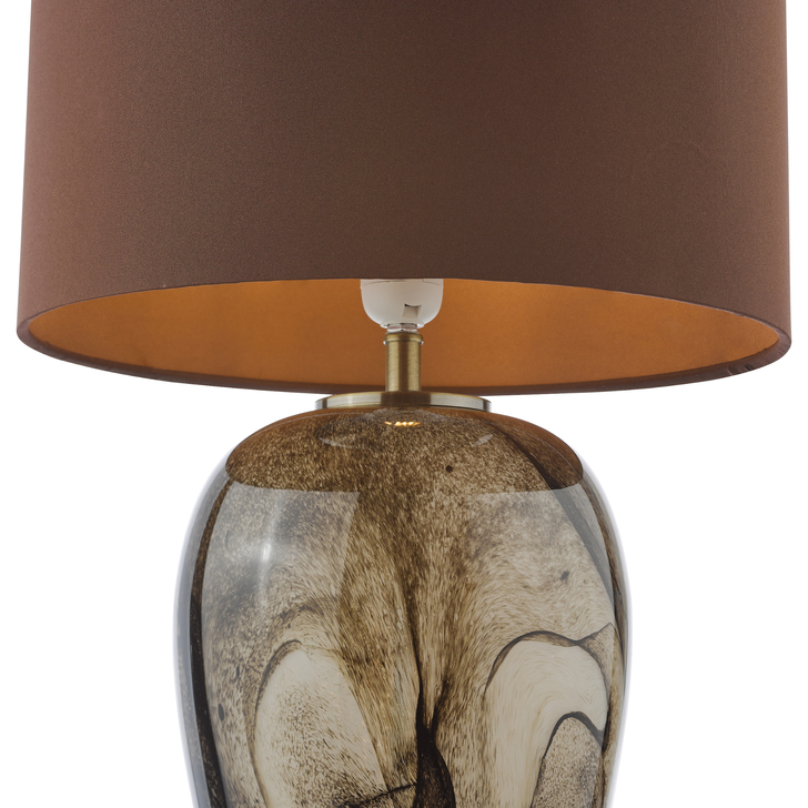 Dar Egas Brown Marble Effect Glass Table Lamp With Brown Drum Shade