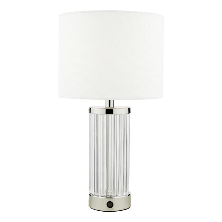 Dar Enrico Rechargeable Led Table Lamp In Polished Nickel With Clear Glass & White Shade