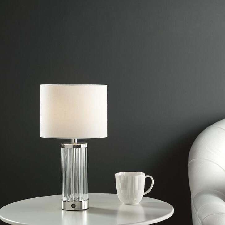 Dar Enrico Rechargeable Led Table Lamp In Polished Nickel With Clear Glass & White Shade