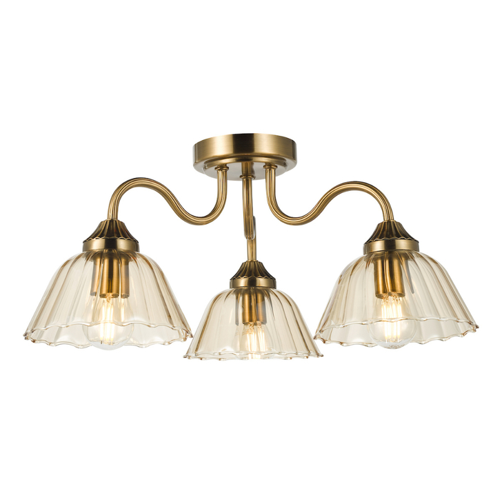 Dar Erika Antique Bronze 3 Light Semi-Flush Ceiling Light Complete WIth Amber Glass Shades