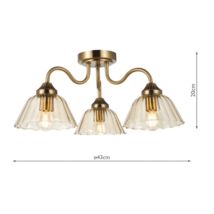 Dar Erika Antique Bronze 3 Light Semi-Flush Ceiling Light Complete WIth Amber Glass Shades