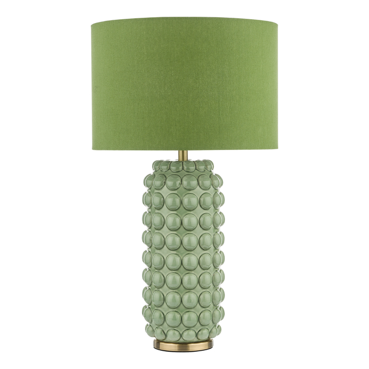 Dar Etzel Antique Brass & Green Bobble Table Lamp With Olive Green Linen Shade