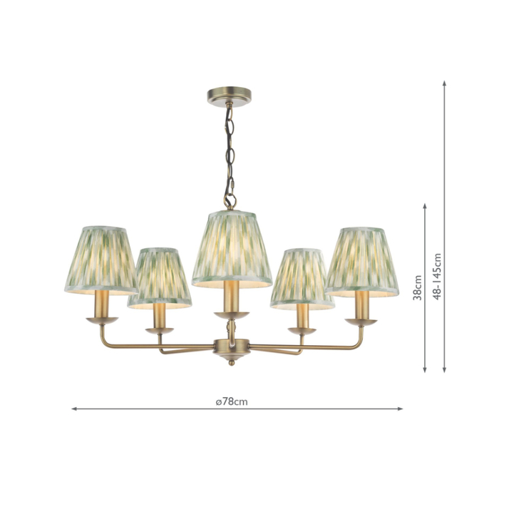 Dar Favian Matt Bronze 5 Arm Chandelier Light Complete with Green Patterned Ikat Shades