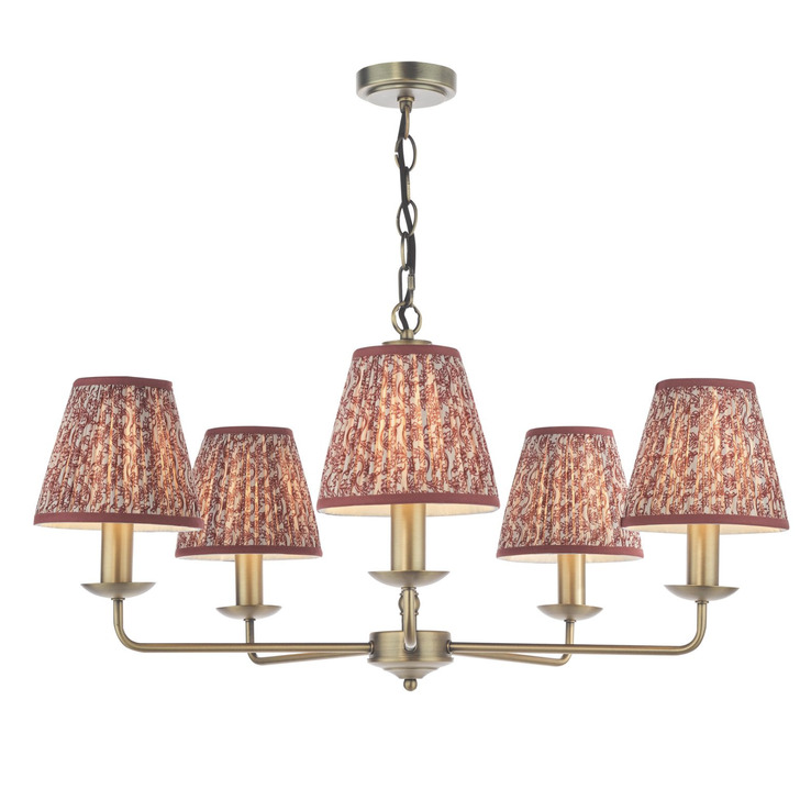 Dar Favian Matt Bronze 5 Arm Chandelier Light Complete with Red Patterned Shades
