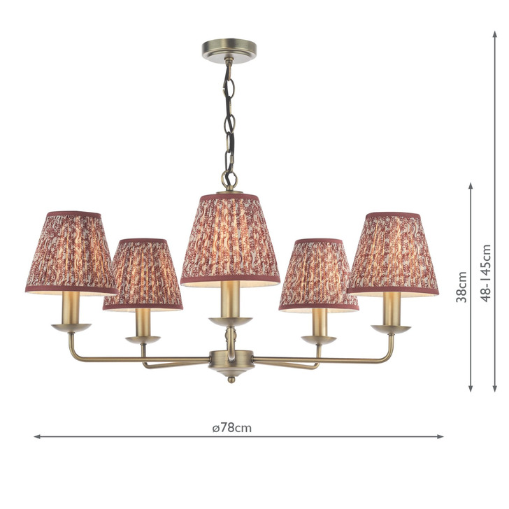 Dar Favian Matt Bronze 5 Arm Chandelier Light Complete with Red Patterned Shades