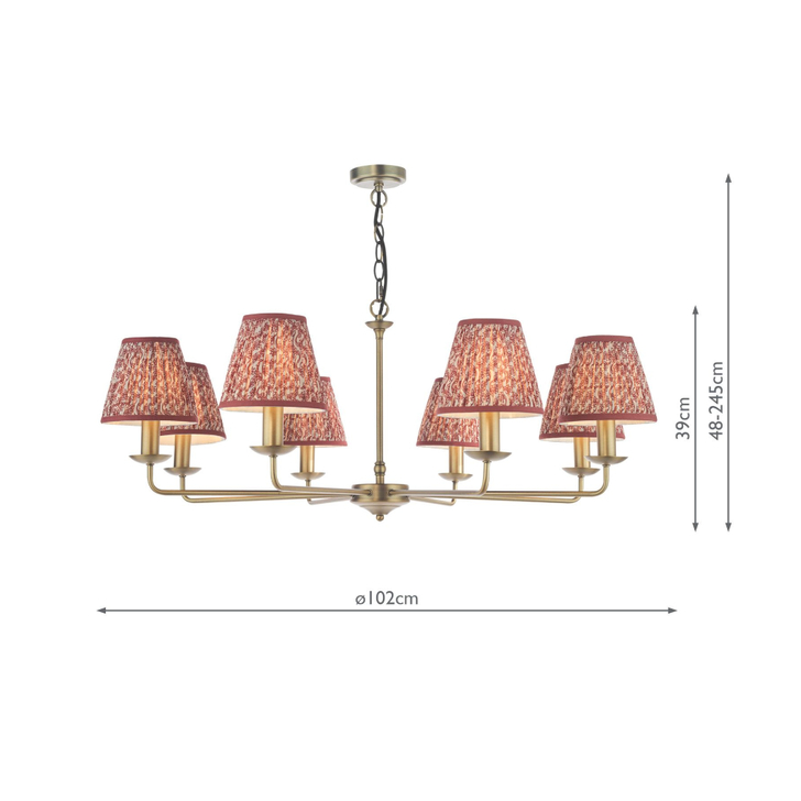 Dar Favian Matt Bronze Large 8 Arm Chandelier Light Complete with Red Patterned Shades