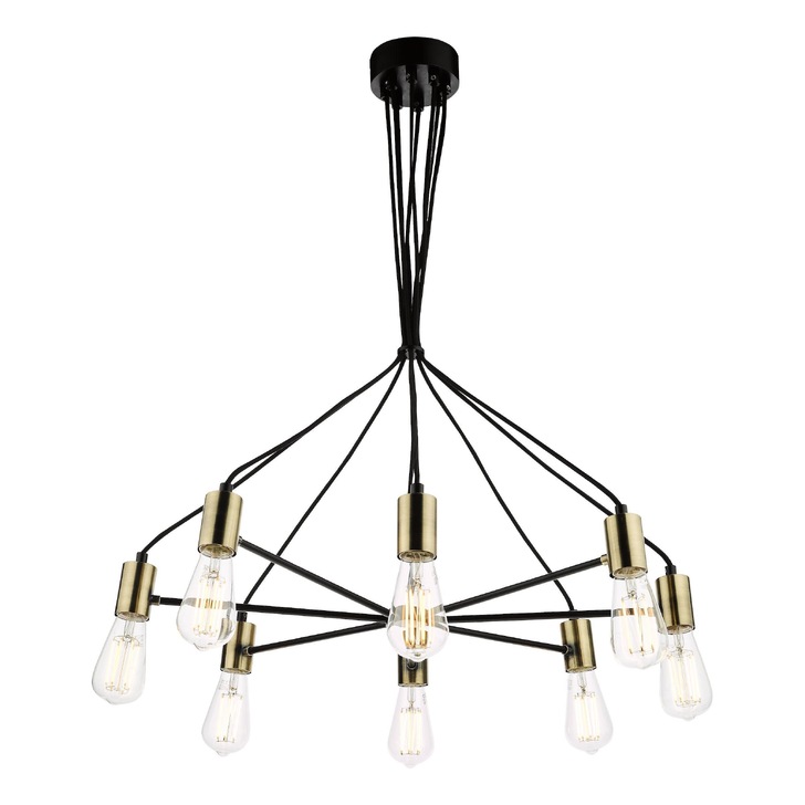 Dar Gabriel 8 Light Industrial Pendant Satin Black With Antique Gold Detailing