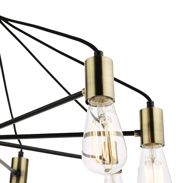 Dar Gabriel 8 Light Industrial Pendant Satin Black With Antique Gold Detailing