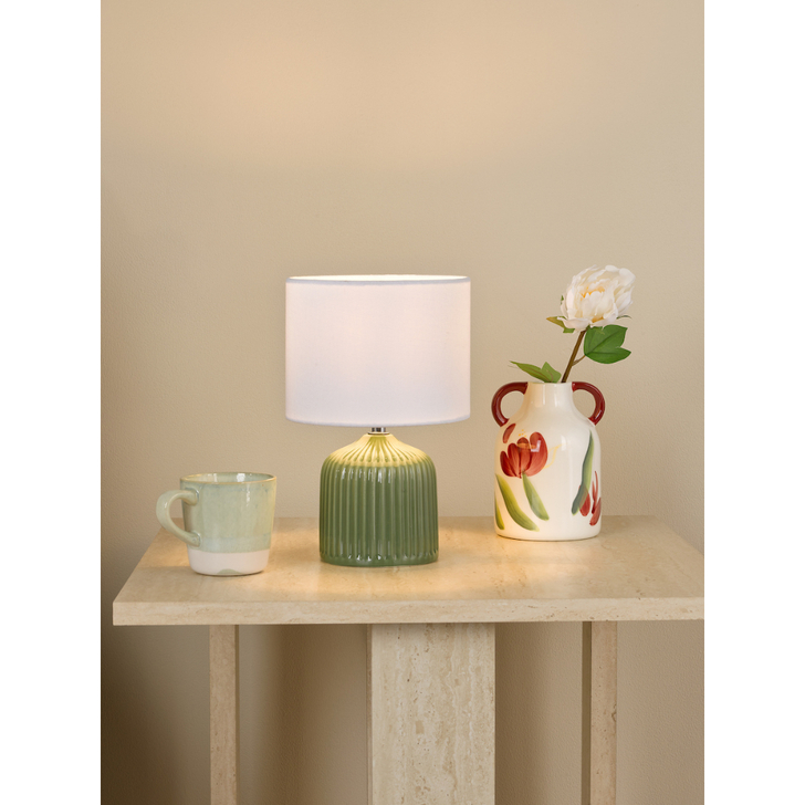 Dar Gigi Green Twin Pack Of Ceramic Table Lamps Complete With White Linen Shades - Switched