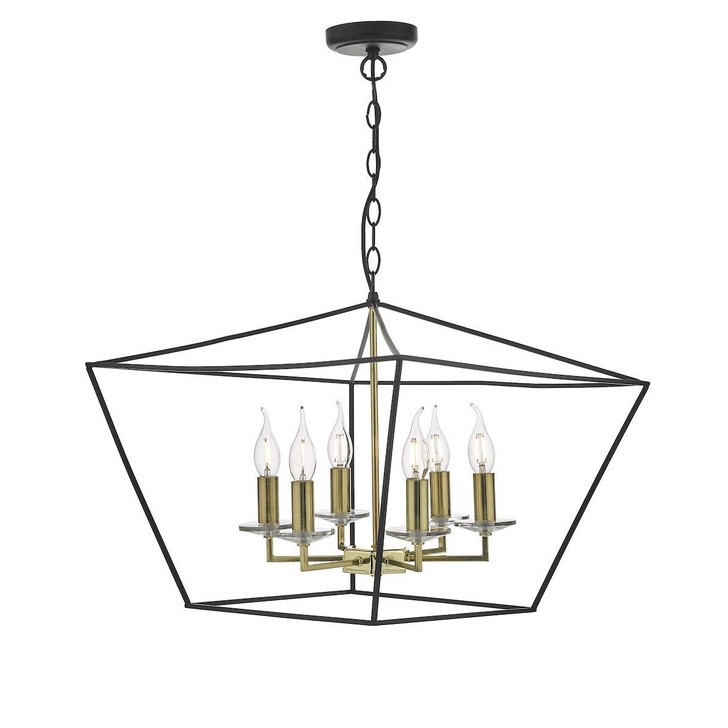 Dar Gretchen GRE0654 6 Light Pendant In Matt Black & Polished Brass Finish