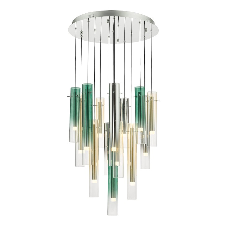 Dar Isadora Polished Chrome 14 Light Cluster Pendant Complete With Green, Champage And Smoked Ombre Glass Shades