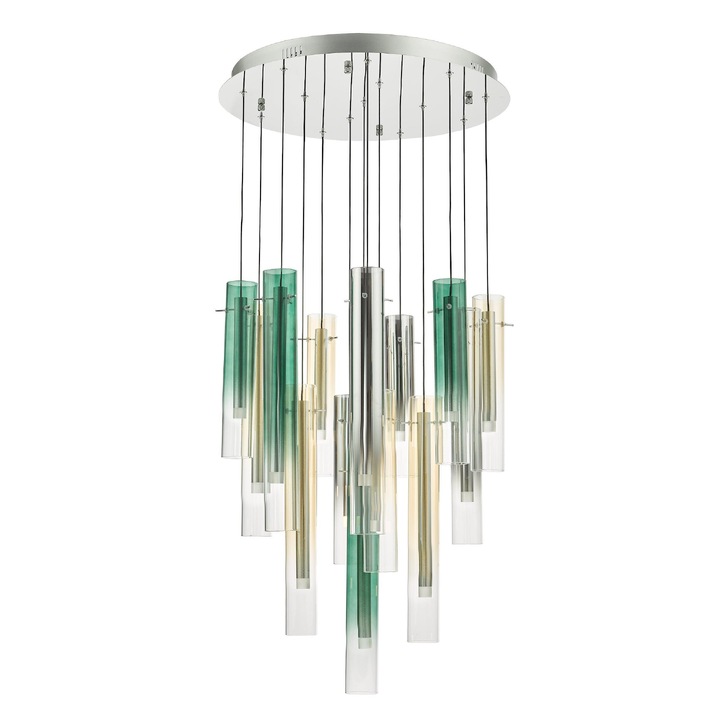 Dar Isadora Polished Chrome 14 Light Cluster Pendant Complete With Green, Champage And Smoked Ombre Glass Shades