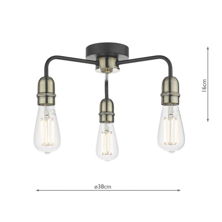 Dar Kiefer KIE5322 Black & Antique Brass 3 Light Flush Ceiling Light