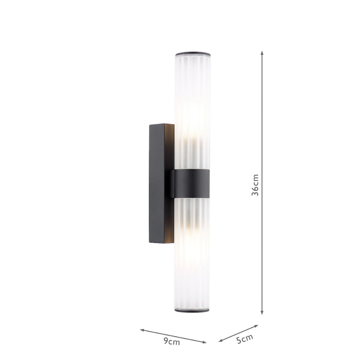 Dar Lars 2 Light Bathroom Wall Light In Matt Black With White Frosted Acrylic Shades -  IP44