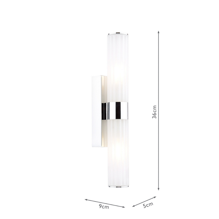 Dar Lars 2 Light Bathroom Wall Light In Polished Chrome With White Frosted Acrylic Shades -  IP44