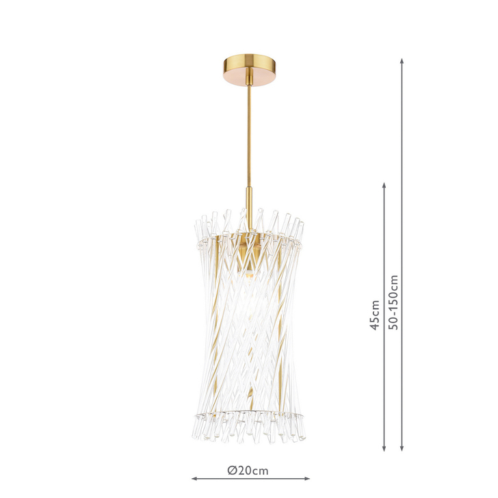 Dar Loire Natural Brass Single Pendant Complete With Clear Glass Rods
