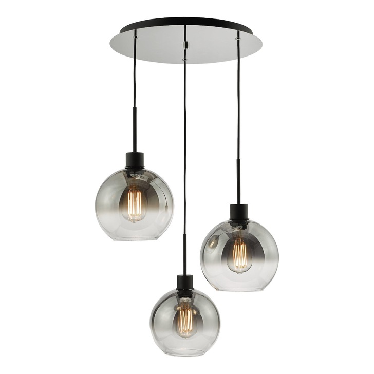 Dar Lycia 3 Light Cluster Pendant Matt Black With Smoked/Clear Ombre Glass Globes