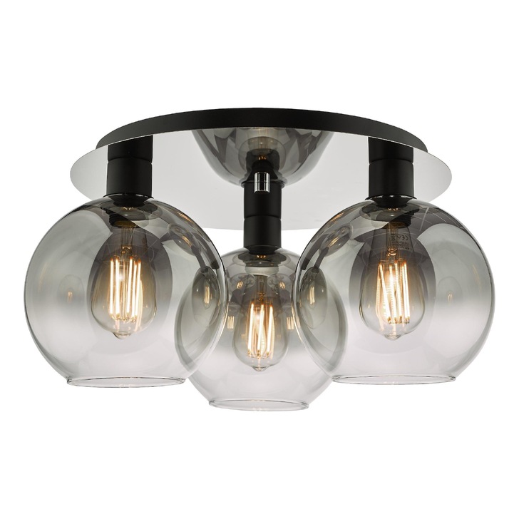 Dar Lycia 3 Light Flush Ceiling Light Matt Black With Smoked/Clear Ombre Glass Globes