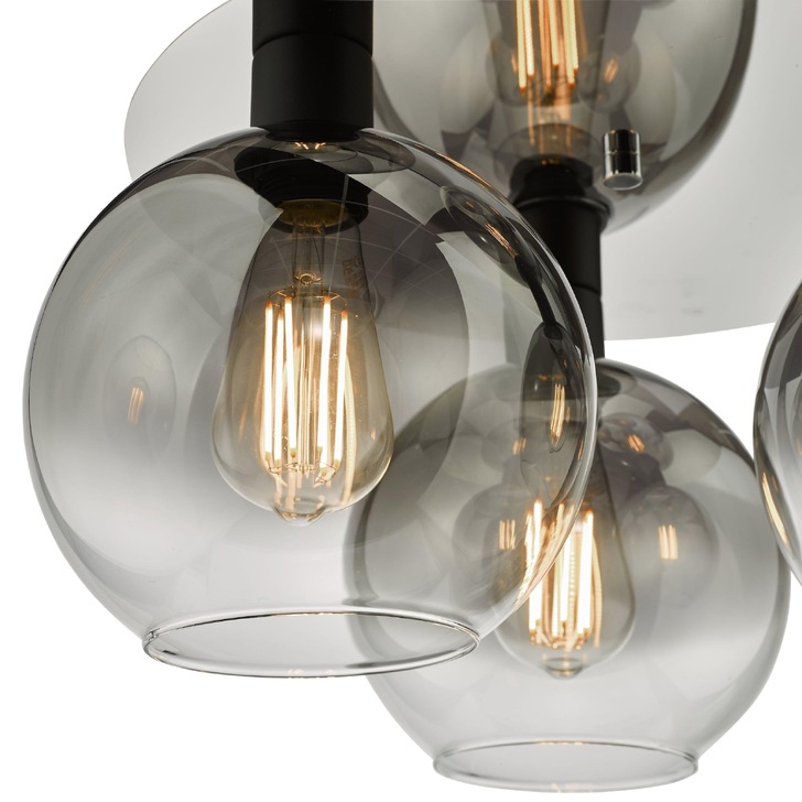 Dar Lycia 3 Light Flush Ceiling Light Matt Black With Smoked/Clear Ombre Glass Globes