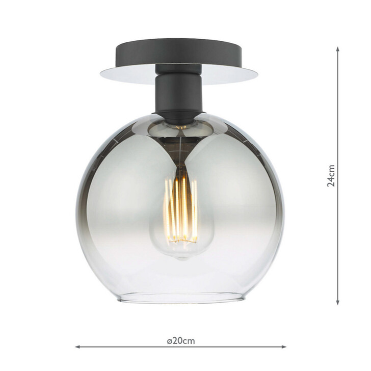 Dar Lycia Black And Chrome Finish 1 Light Flush Ceiling Light Complete With Smoke To Clear Ombre Glass Globe