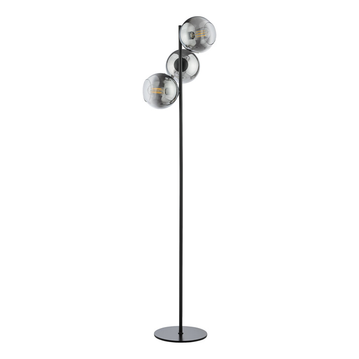 Dar Lycia Black And Chrome Finish 3 Light Floor Lamp Complete With Smoke To Clear Ombre Glass Globes - Switched