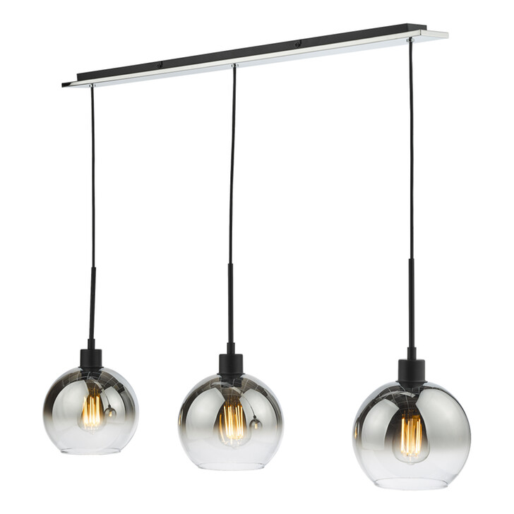 Dar Lycia Black And Chrome Finish 3 Light Linear Island Pendant Ceiling Light Complete With Smoke To Clear Ombre Glass Globes