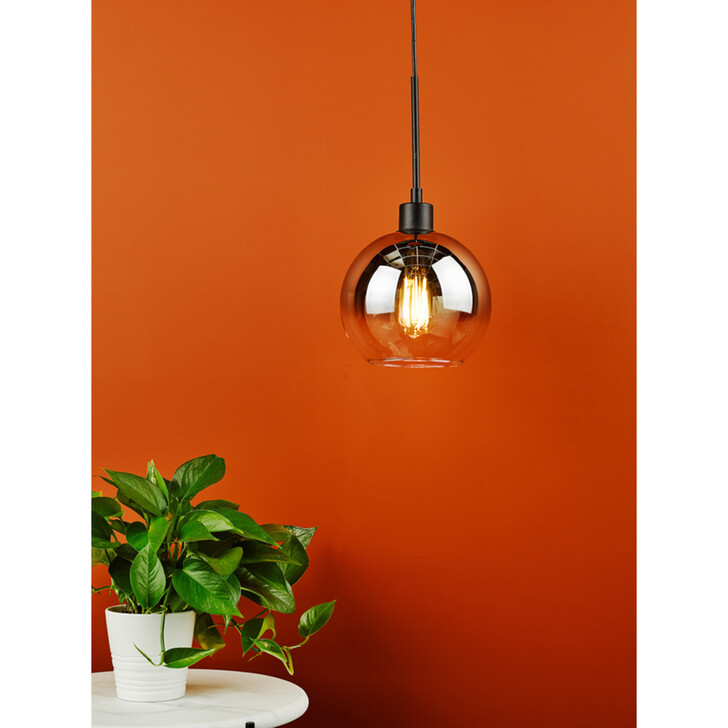 Dar Lycia Black And Chrome Finish Single Pendant Ceiling Light Complete With Smoke To Clear Ombre Glass Globe