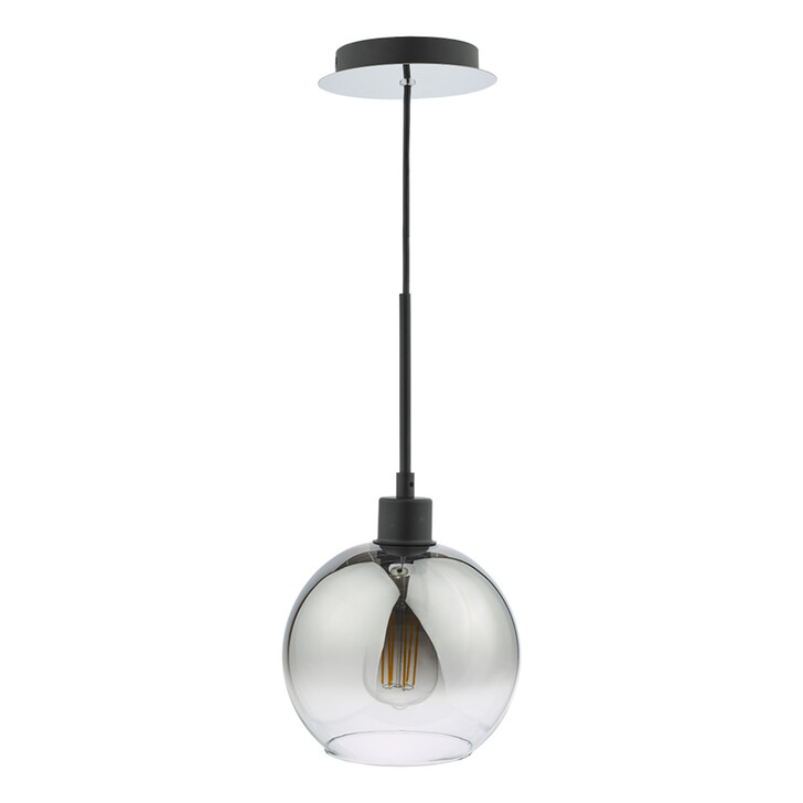 Dar Lycia Black And Chrome Finish Single Pendant Ceiling Light Complete With Smoke To Clear Ombre Glass Globe