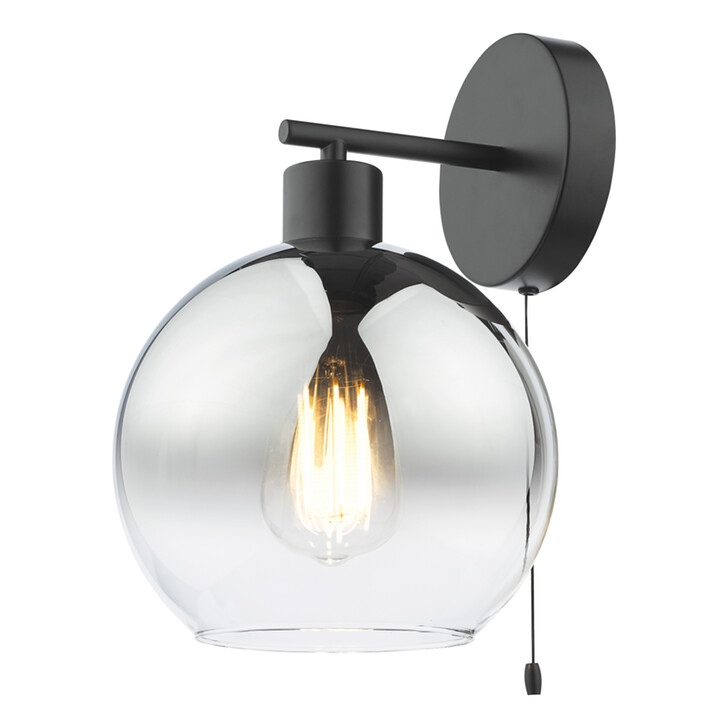 Dar Lycia Black And Chrome Finish Single Wall Light Complete With Smoke To Clear Ombre Glass Globe - Switched