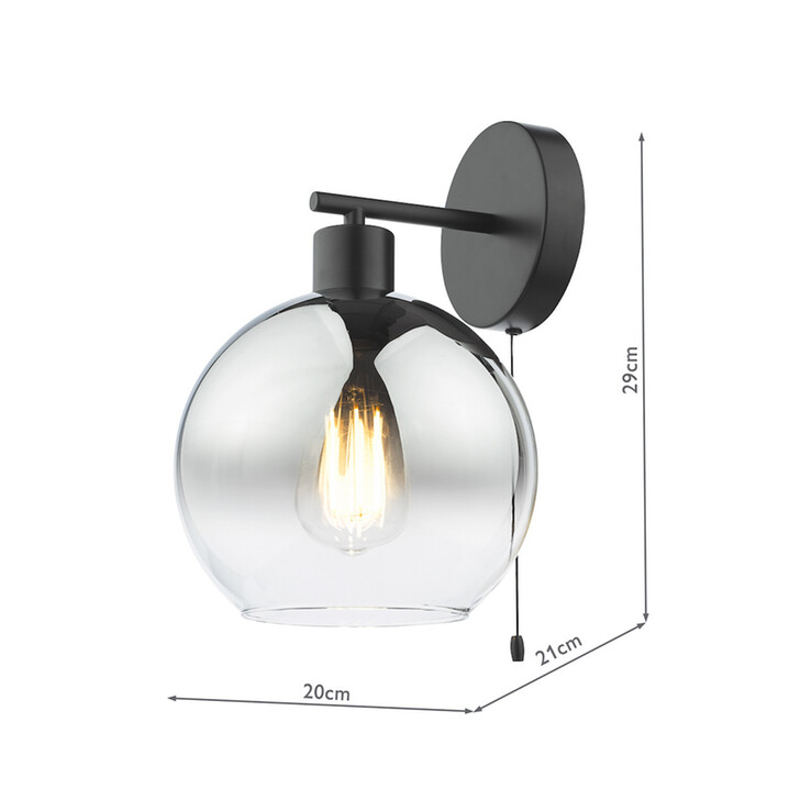 Dar Lycia Black And Chrome Finish Single Wall Light Complete With Smoke To Clear Ombre Glass Globe - Switched