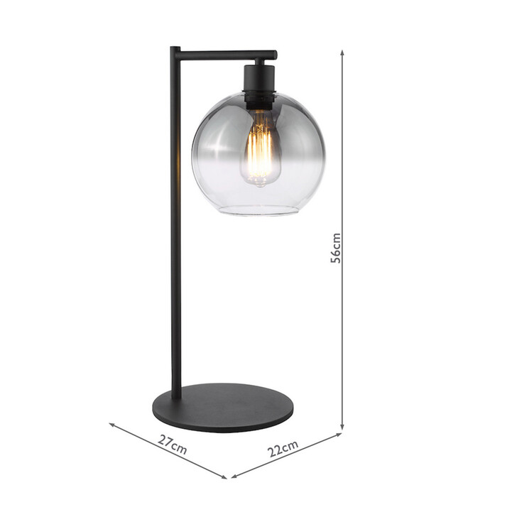 Dar Lycia Black And Chrome Finish Table Lamp Complete With Smoke To Clear Ombre Glass Globe - Switched