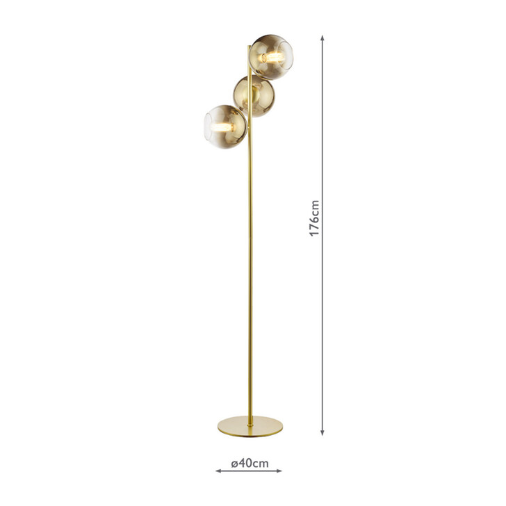 Dar Lycia Gold Finish 3 Light Floor Lamp Complete With Gold To Clear Ombre Glass Globe - Switched