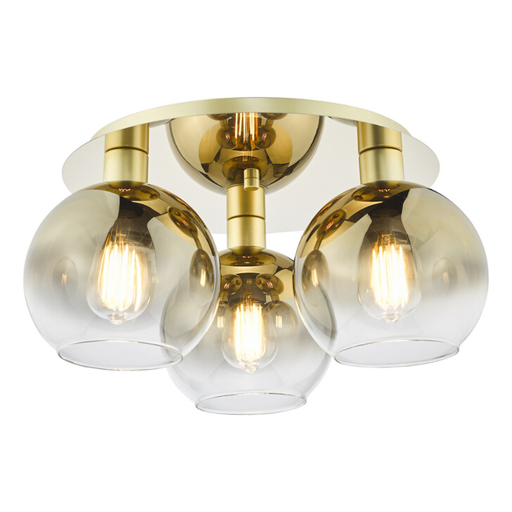 Dar Lycia Gold Finish 3 Light Flush Ceiling Light Complete With Gold To Clear Ombre Glass Globes