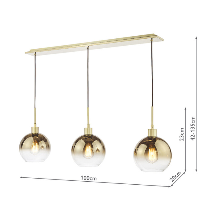Dar Lycia Gold Finish 3 Light Linear Island Ceiling Light Complete With Gold To Clear Ombre Glass Globes
