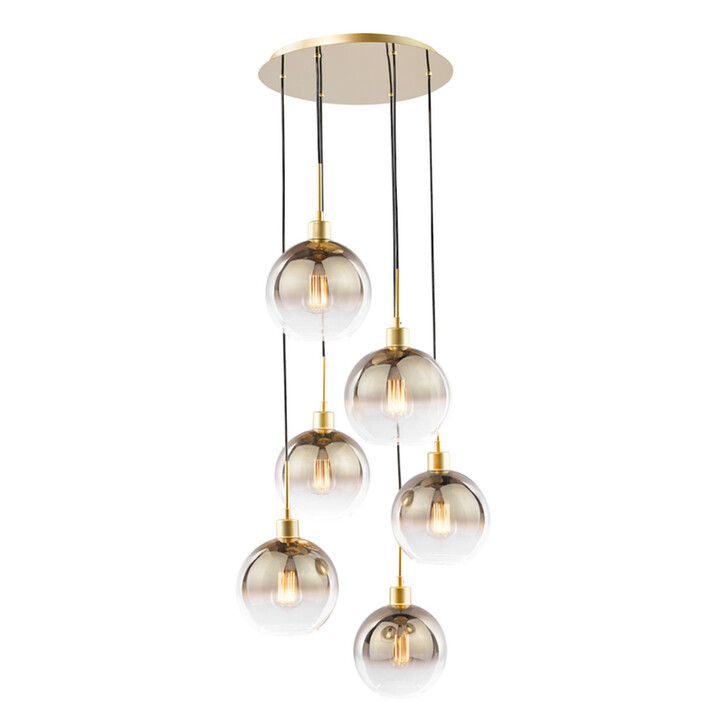 Dar Lycia Gold Finish 6 Light Custer Pendant Light Complete With Gold To Clear Ombre Glass Shades