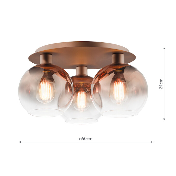 Dar Lycia Satin Bronze Finish 3 Light Flush Light Complete With Bronze To Clear Ombre Glass Shades
