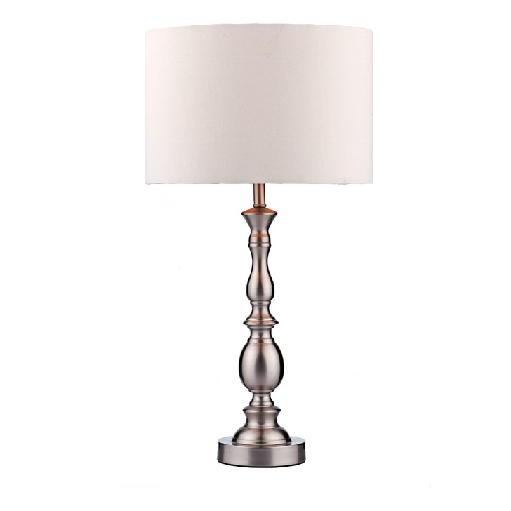 Dar Madrid MAD4246 Satin Chrome Finish Table Lamp Complete With White Faux Silk Shade