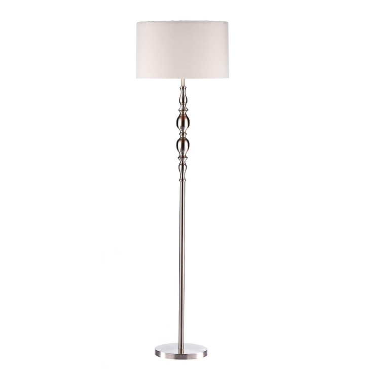 Dar Madrid MAD4946 Satin Chrome Finish Floor Lamp Complete With White Faux Silk Shade