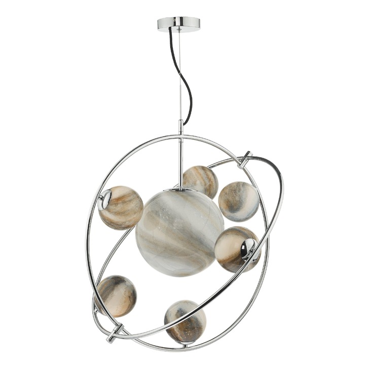 Dar Mikara 7 Light Pendant In Polished Chrome Complete With Planet Glasses