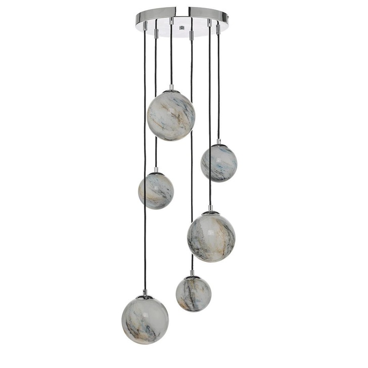 Dar Mikara MIK0650 6 Light Cluster Pendant In Polished Chrome Finish With Marble Effect Glass