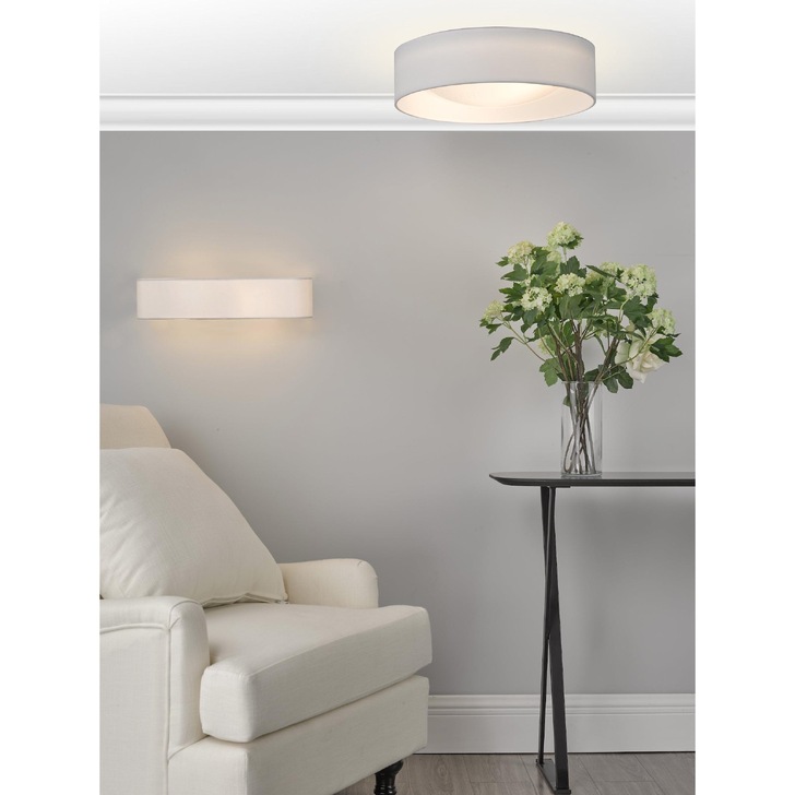 Dar Nysa 2 Light Flush Ceiling Light With White Faux Silk Shade - 40cm