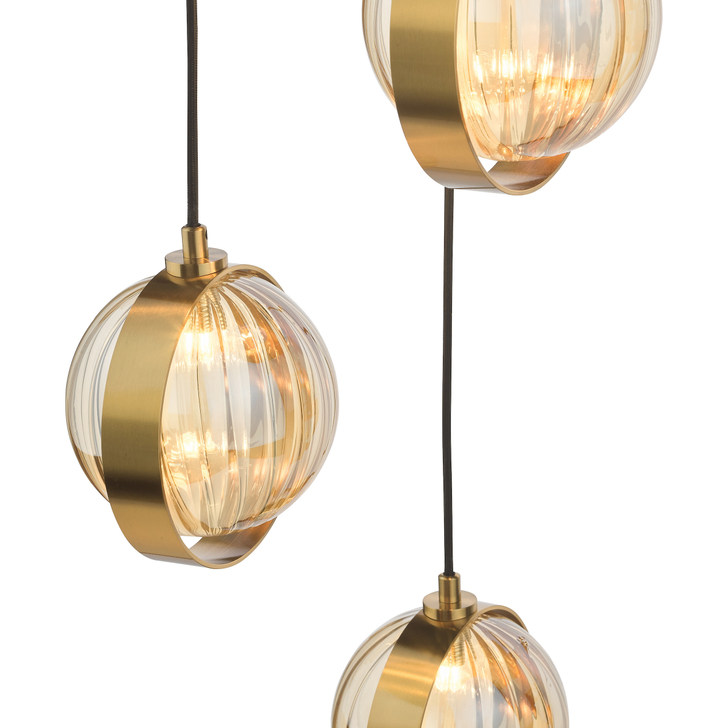Dar Ophira 3 Light Cluster Pendant Antique Gold and Amber Ribbed Glass