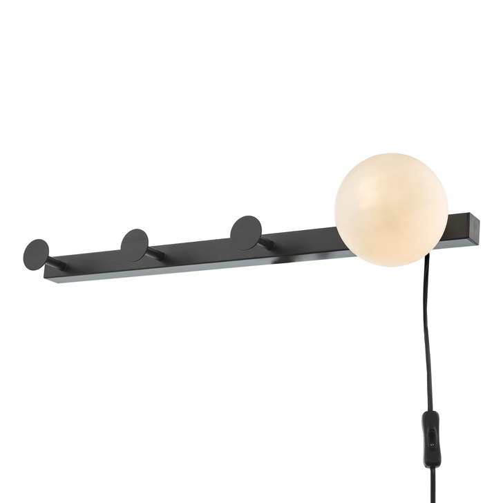 Dar Rack Plug In Wall Light & Coat Hanger In Matt Black With Opal Glass Globe