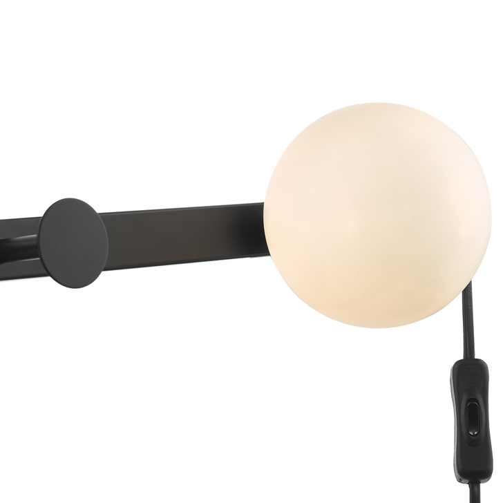 Dar Rack Plug In Wall Light & Coat Hanger In Matt Black With Opal Glass Globe