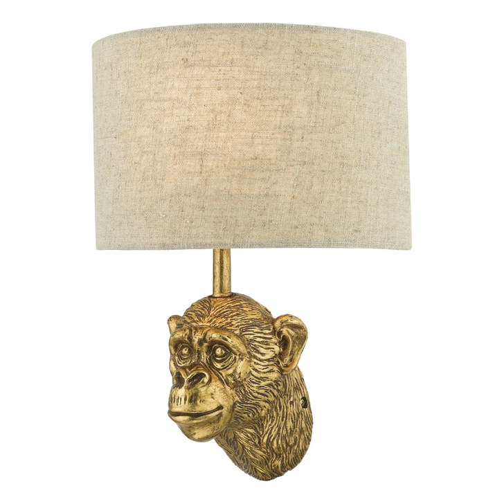 Dar Raul Monkey Wall Light In Gold C/W Natural Linen Shade