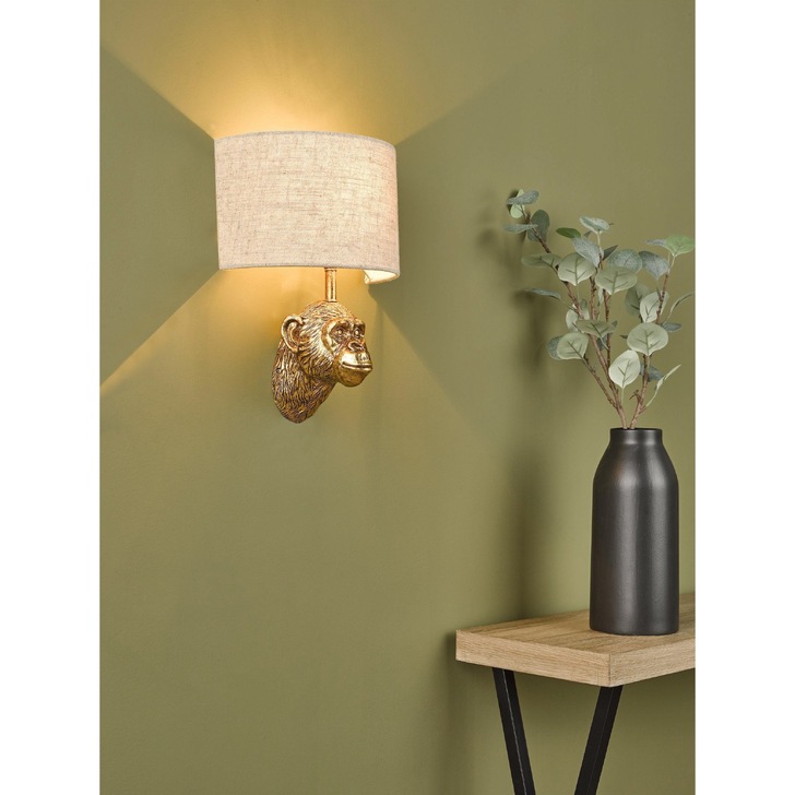 Dar Raul Monkey Wall Light In Gold C/W Natural Linen Shade