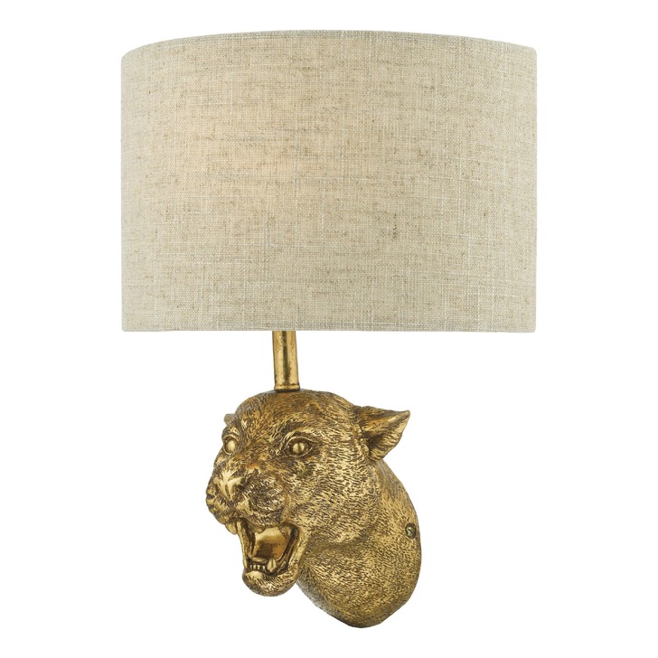 Dar Ruri Leopard Wall Light In Gold C/W Natural Linen Shade