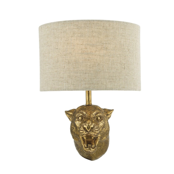 Dar Ruri Leopard Wall Light In Gold C/W Natural Linen Shade