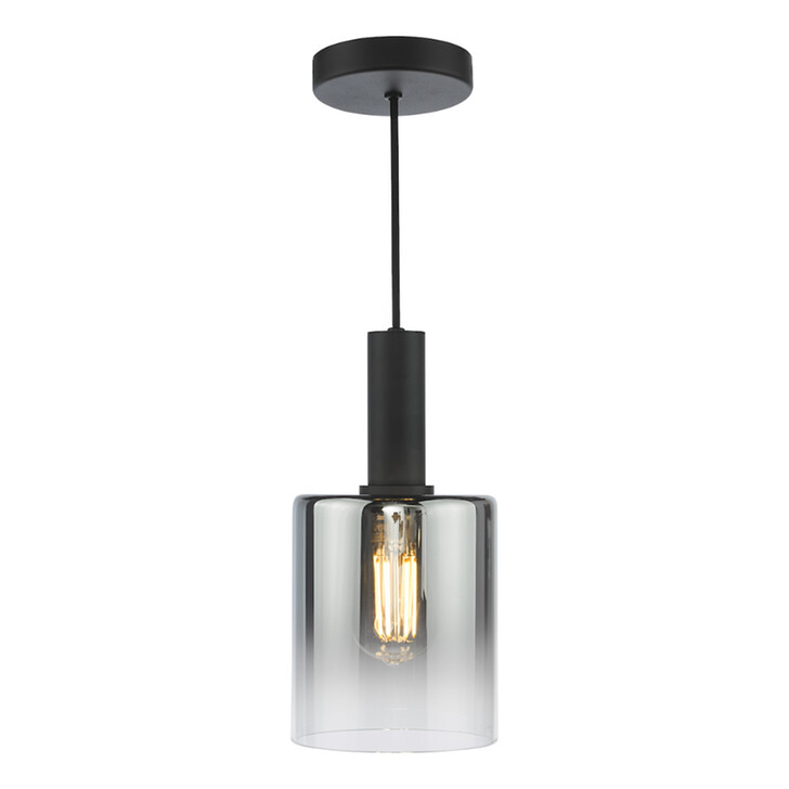 Dar Savannah Black 1 Light Pendant Light Complete With Smoke To Clear Cylinder Glass Shade