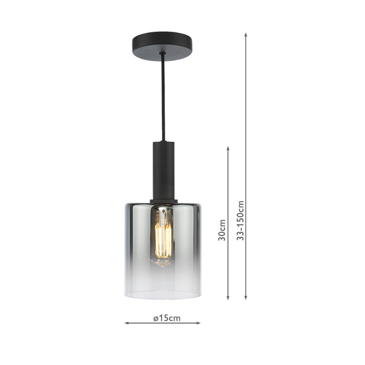 Dar Savannah Black 1 Light Pendant Light Complete With Smoke To Clear Cylinder Glass Shade